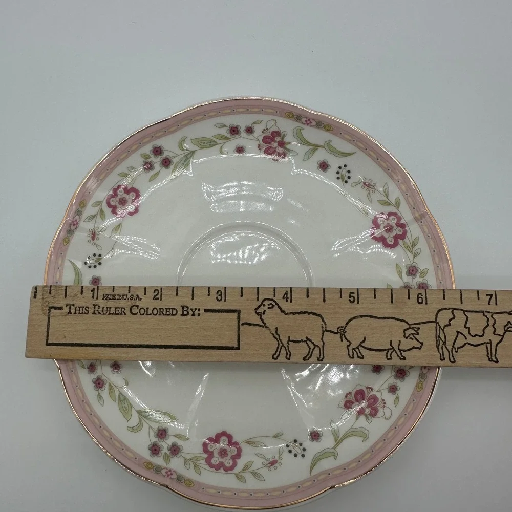 Grace Teaware Pink Floral Fine Porcelain Saucer Gold Trim Scalloped Edge 6 inch